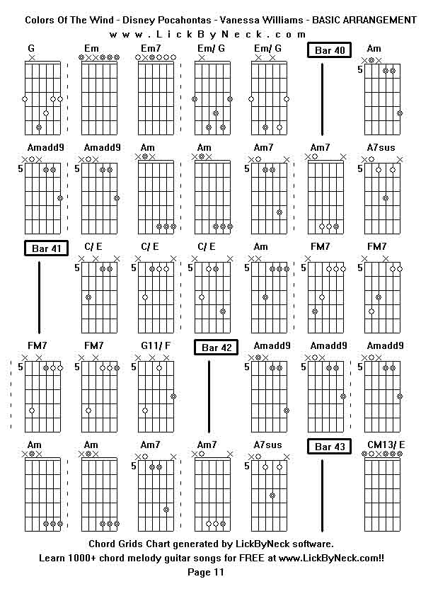 Chord Grids Chart of chord melody fingerstyle guitar song-Colors Of The Wind - Disney Pocahontas - Vanessa Williams - BASIC ARRANGEMENT,generated by LickByNeck software.